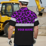 Hi Vis Hawaiian Shirt Reflective Violet Leopard Custom Name Safety Workwear For Workers, Truckers, Operators