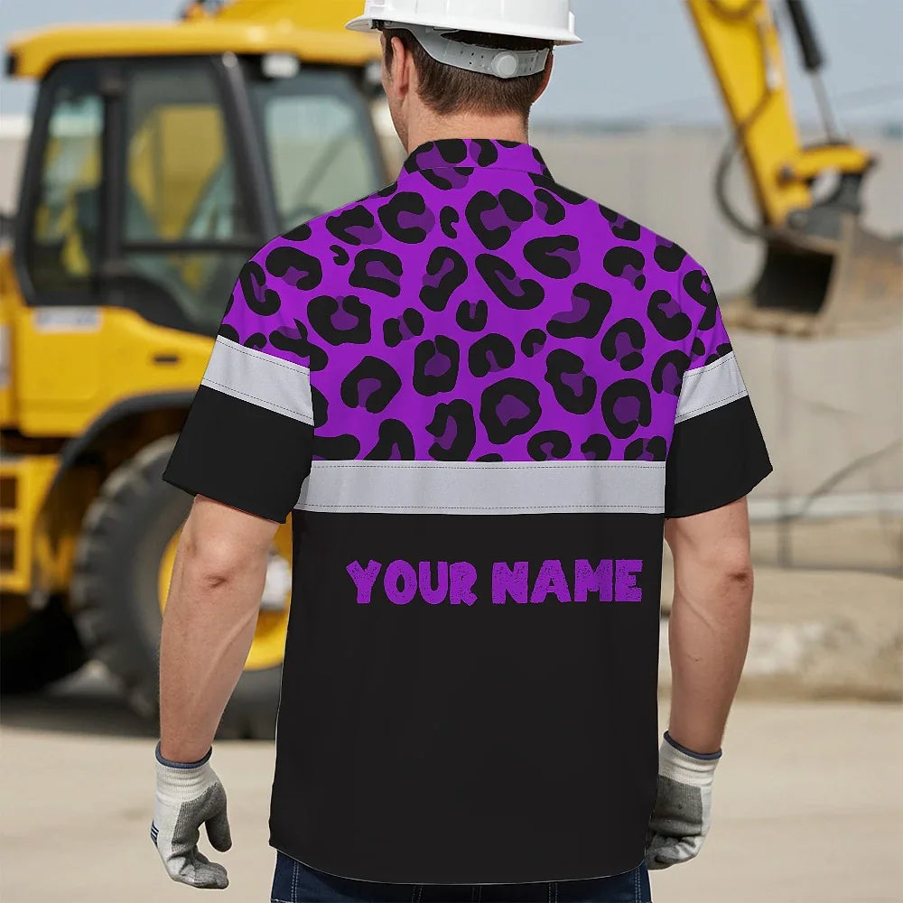 Hi Vis Hawaiian Shirt Reflective Violet Leopard Custom Name Safety Workwear For Workers, Truckers, Operators