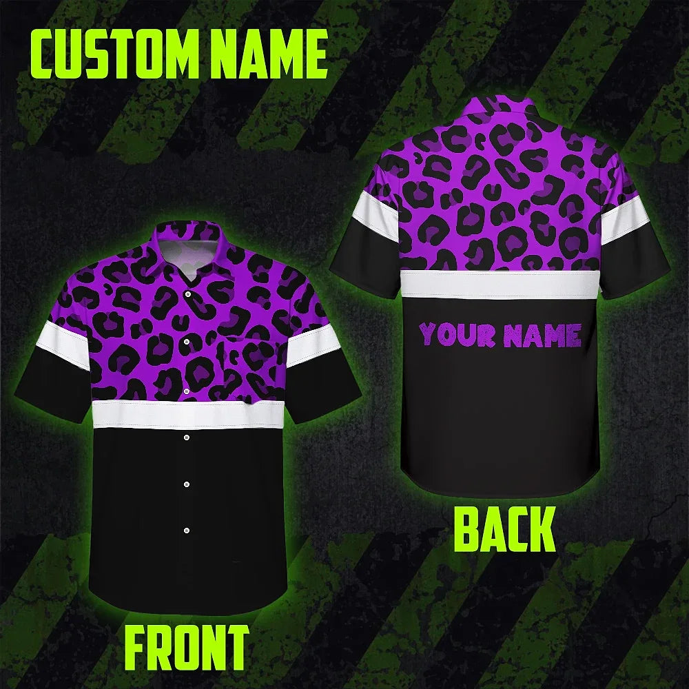 Hi Vis Hawaiian Shirt Reflective Violet Leopard Custom Name Safety Workwear For Workers, Truckers, Operators
