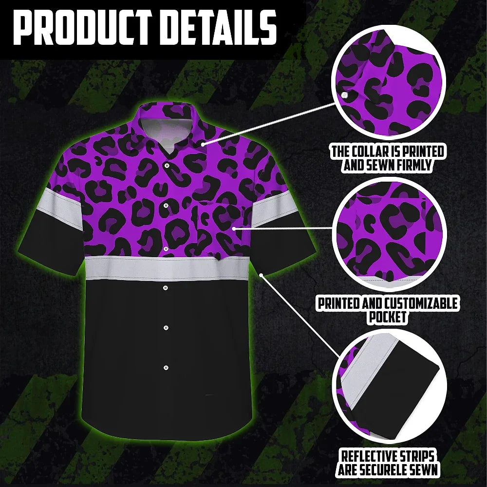 Hi Vis Hawaiian Shirt Reflective Violet Leopard Custom Name Safety Workwear For Workers, Truckers, Operators