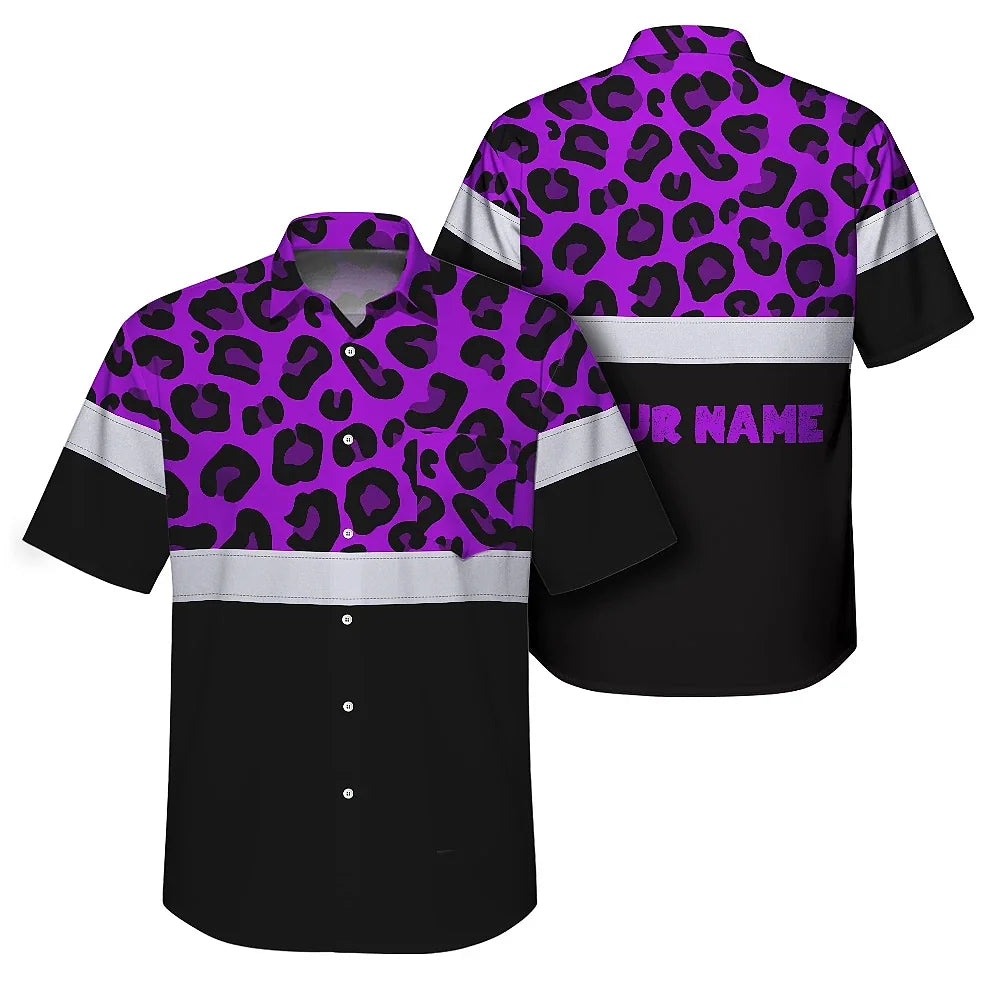 Hi Vis Hawaiian Shirt Reflective Violet Leopard Custom Name Safety Workwear For Workers, Truckers, Operators