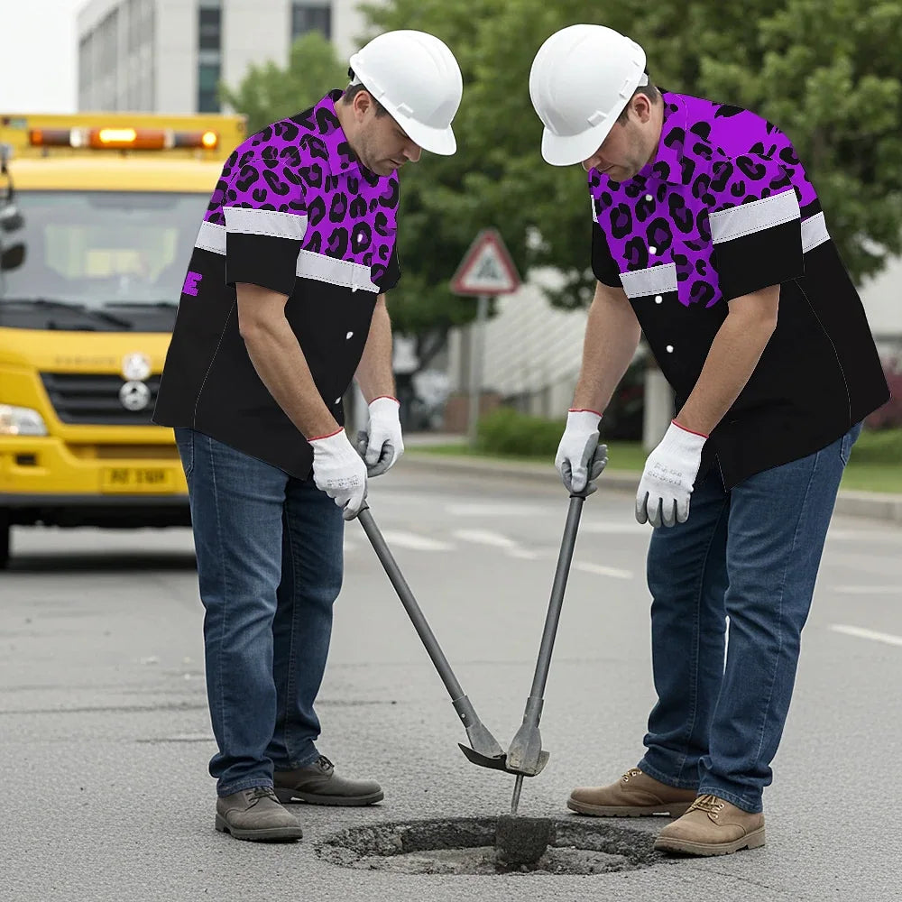 Hi Vis Hawaiian Shirt Reflective Violet Leopard Custom Name Safety Workwear For Workers, Truckers, Operators