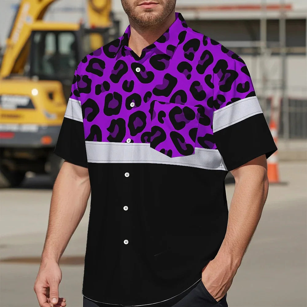Hi Vis Hawaiian Shirt Reflective Violet Leopard Custom Name Safety Workwear For Workers, Truckers, Operators