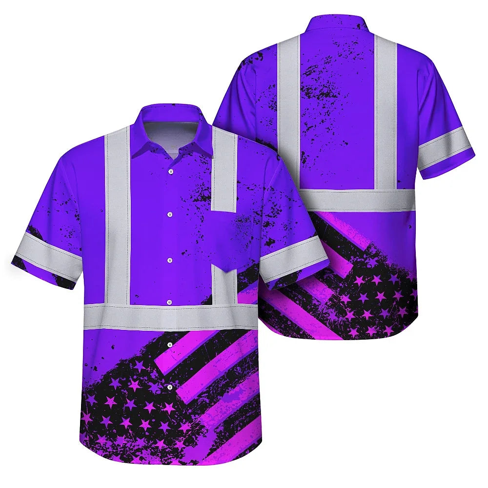 Hi Vis Hawaiian Shirt Reflective Violet US Flag Paint Safety Workwear