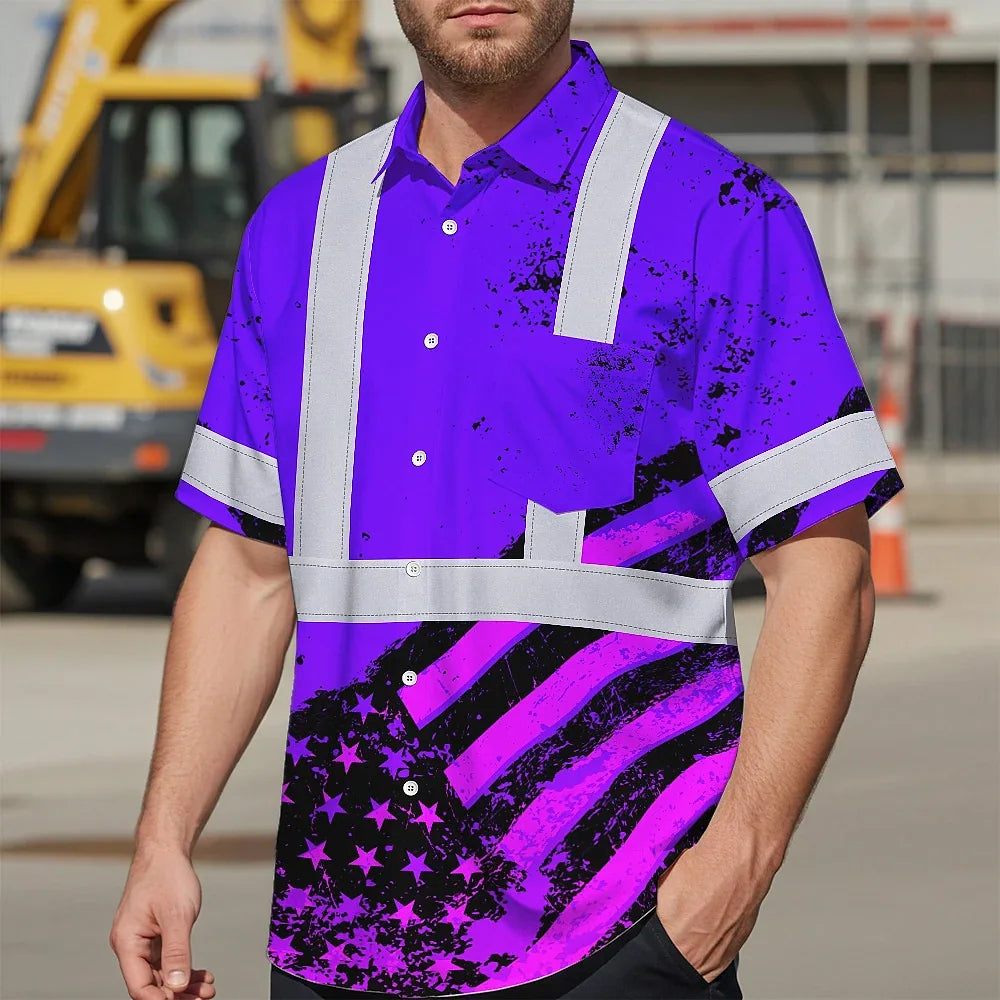 Hi Vis Hawaiian Shirt Reflective Violet US Flag Paint Safety Workwear