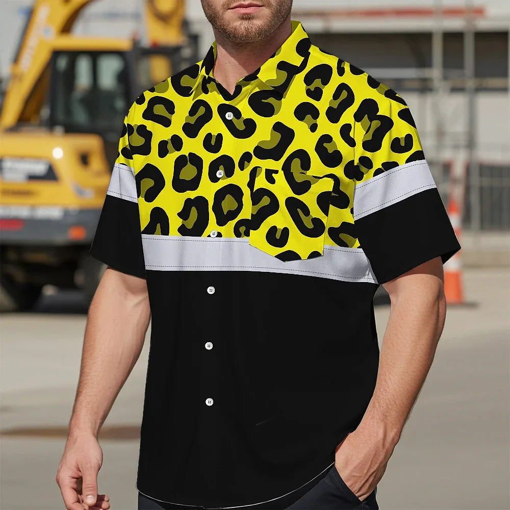 Hi Vis Hawaiian Shirt Reflective Yellow Leopard Custom Name Safety Workwear For Workers, Truckers, Operators