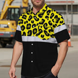 Hi Vis Hawaiian Shirt Reflective Yellow Leopard Custom Name Safety Workwear For Workers, Truckers, Operators