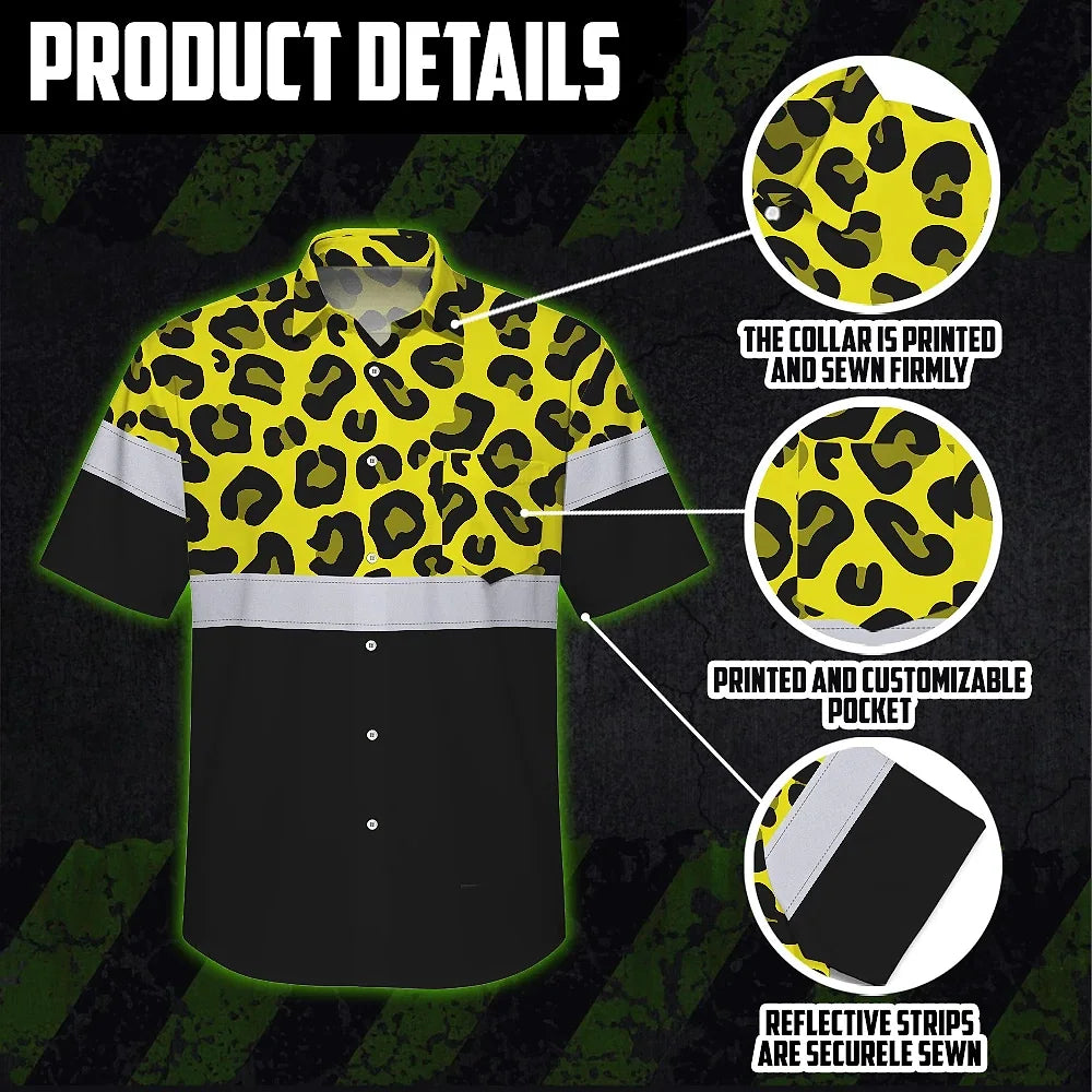 Hi Vis Hawaiian Shirt Reflective Yellow Leopard Custom Name Safety Workwear For Workers, Truckers, Operators