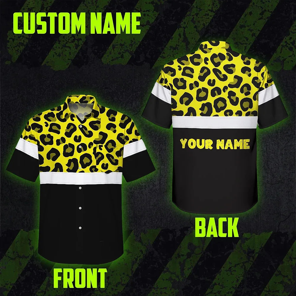 Hi Vis Hawaiian Shirt Reflective Yellow Leopard Custom Name Safety Workwear For Workers, Truckers, Operators