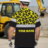 Hi Vis Hawaiian Shirt Reflective Yellow Leopard Custom Name Safety Workwear For Workers, Truckers, Operators