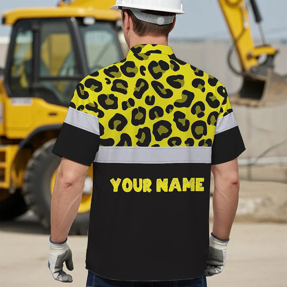 Hi Vis Hawaiian Shirt Reflective Yellow Leopard Custom Name Safety Workwear For Workers, Truckers, Operators