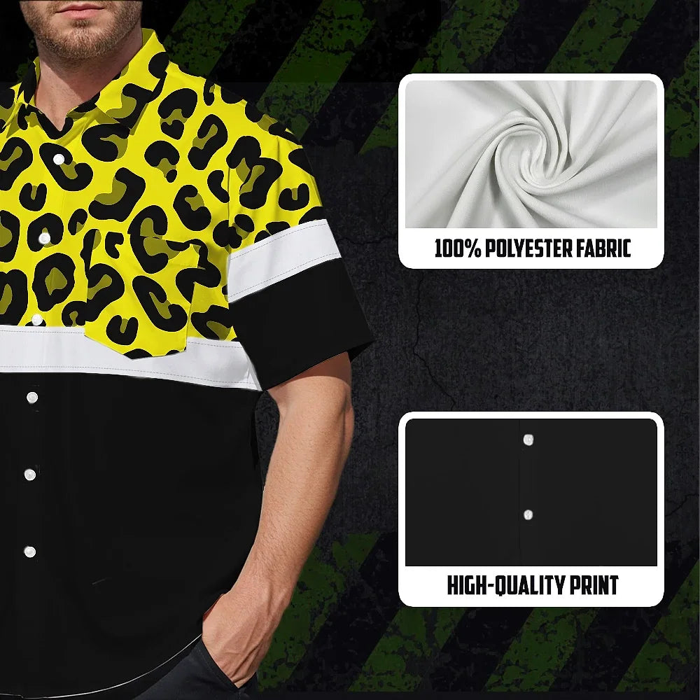 Hi Vis Hawaiian Shirt Reflective Yellow Leopard Custom Name Safety Workwear For Workers, Truckers, Operators