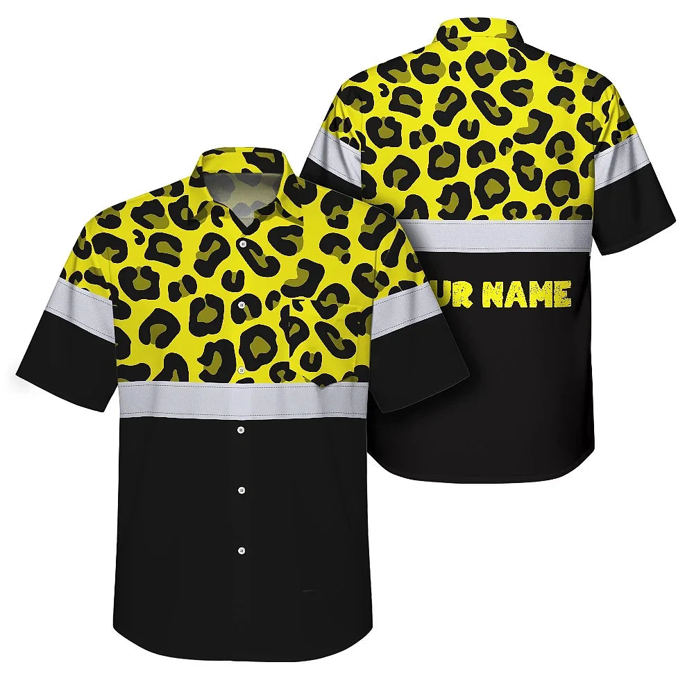 Hi Vis Hawaiian Shirt Reflective Yellow Leopard Custom Name Safety Workwear For Workers, Truckers, Operators