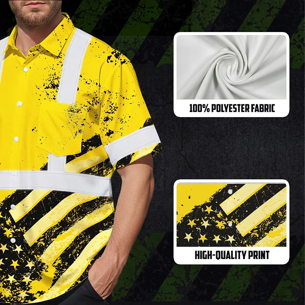 Hi Vis Hawaiian Shirt Reflective Yellow US Flag Paint Safety Workwear
