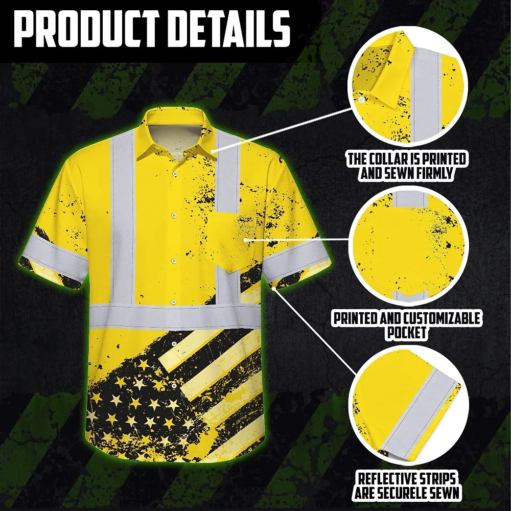 Hi Vis Hawaiian Shirt Reflective Yellow US Flag Paint Safety Workwear