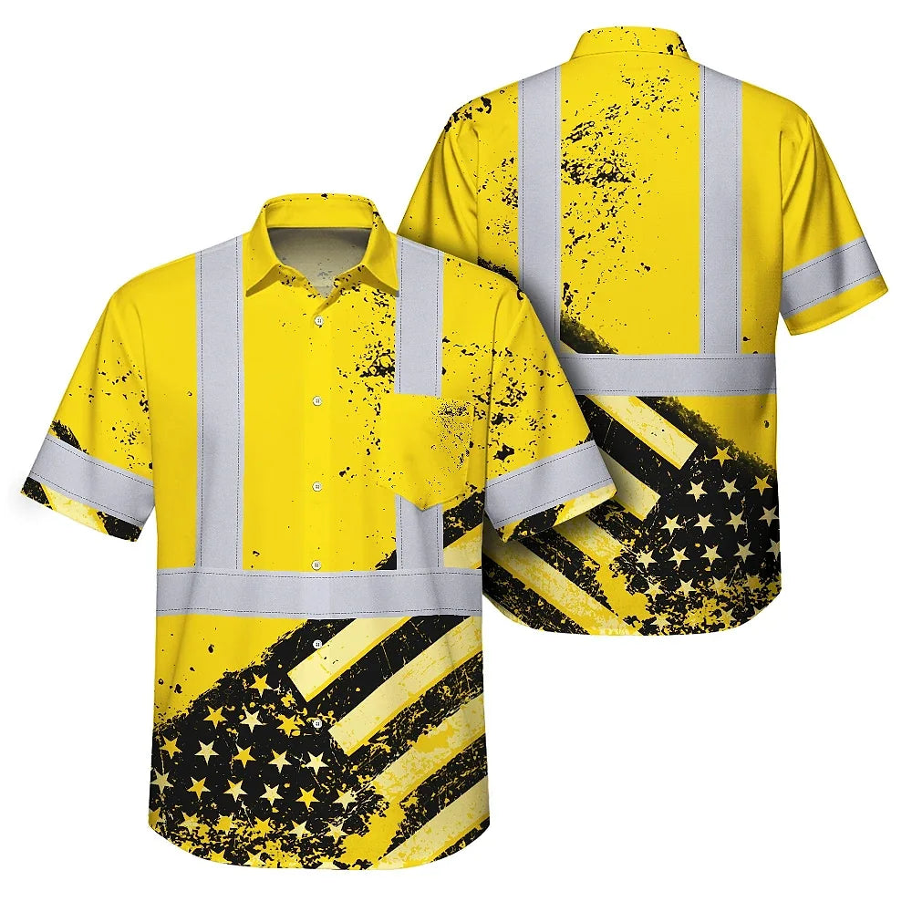 Hi Vis Hawaiian Shirt Reflective Yellow US Flag Paint Safety Workwear