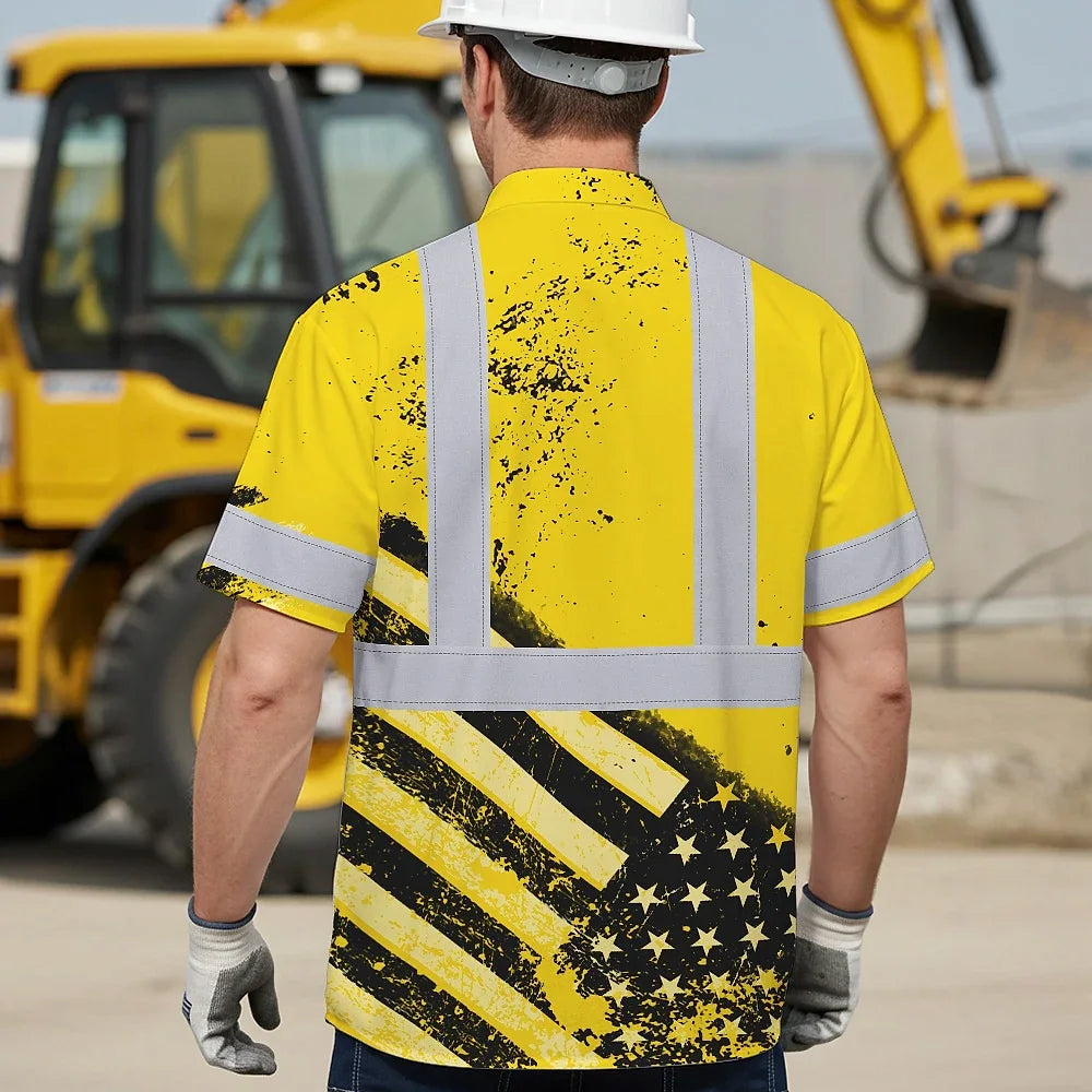 Hi Vis Hawaiian Shirt Reflective Yellow US Flag Paint Safety Workwear