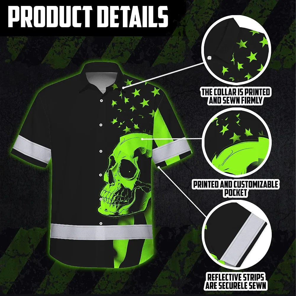 Hi Vis Hawaiian Shirt Skull USA Flag Orange Reflective High Visibility Custom Name Safety Workwear 53