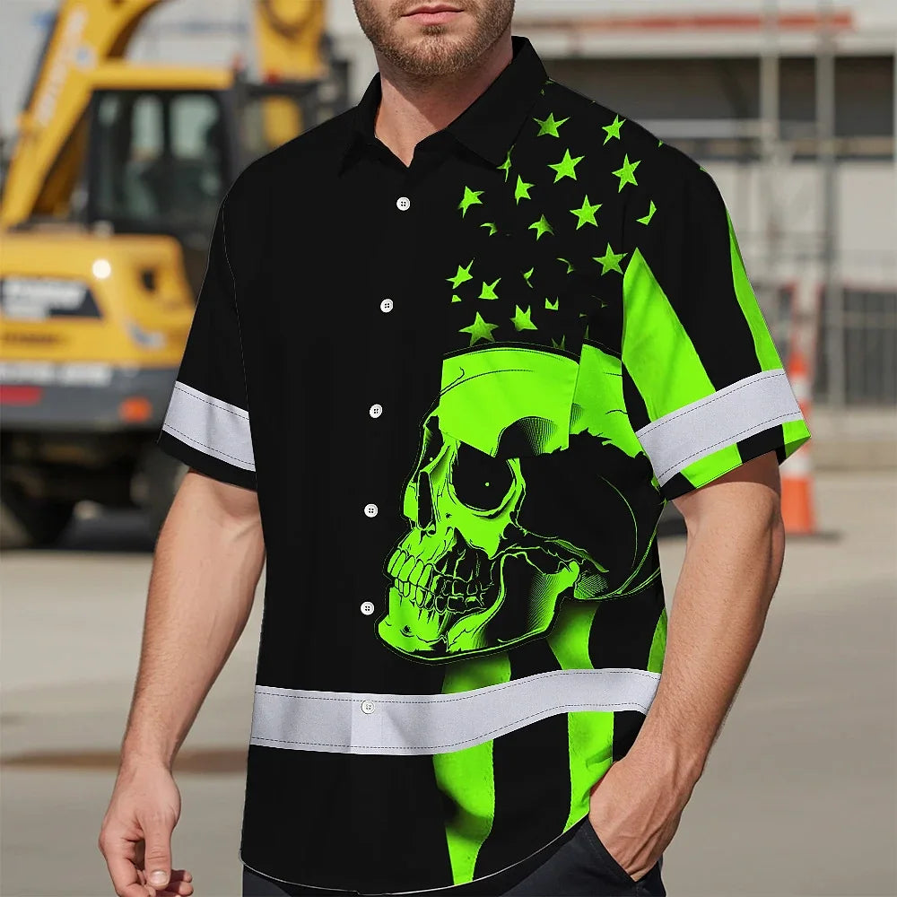 Hi Vis Hawaiian Shirt Skull USA Flag Orange Reflective High Visibility Custom Name Safety Workwear 53