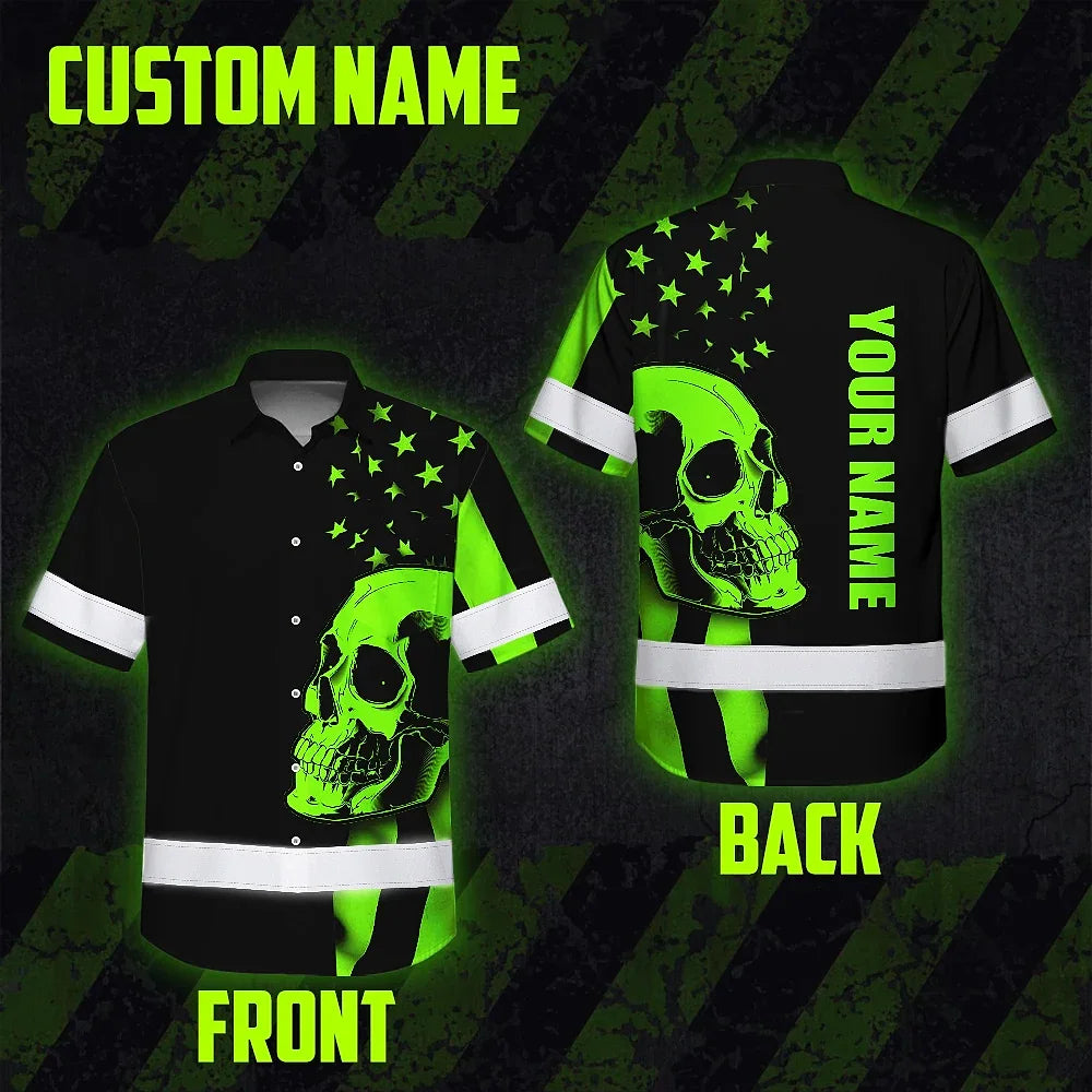 Hi Vis Hawaiian Shirt Skull USA Flag Orange Reflective High Visibility Custom Name Safety Workwear 53