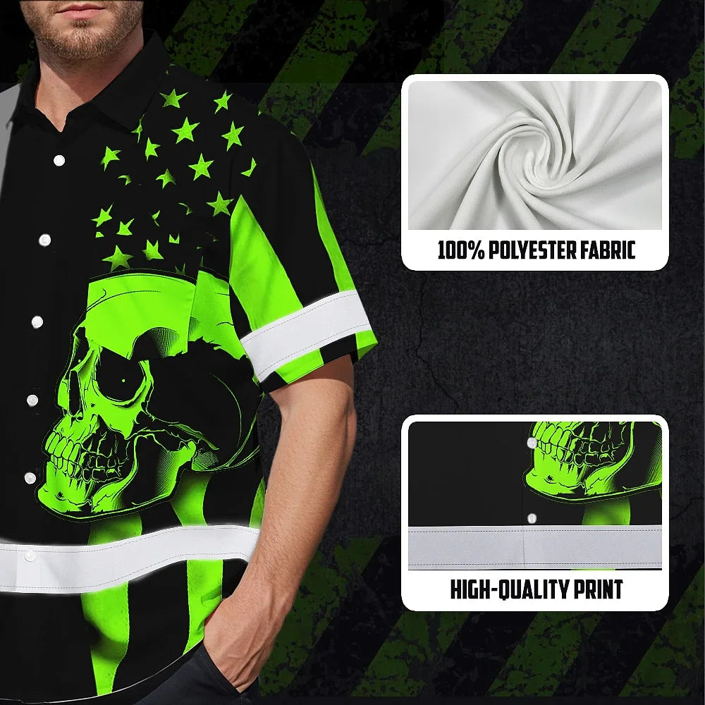Hi Vis Hawaiian Shirt Skull USA Flag Orange Reflective High Visibility Custom Name Safety Workwear 53