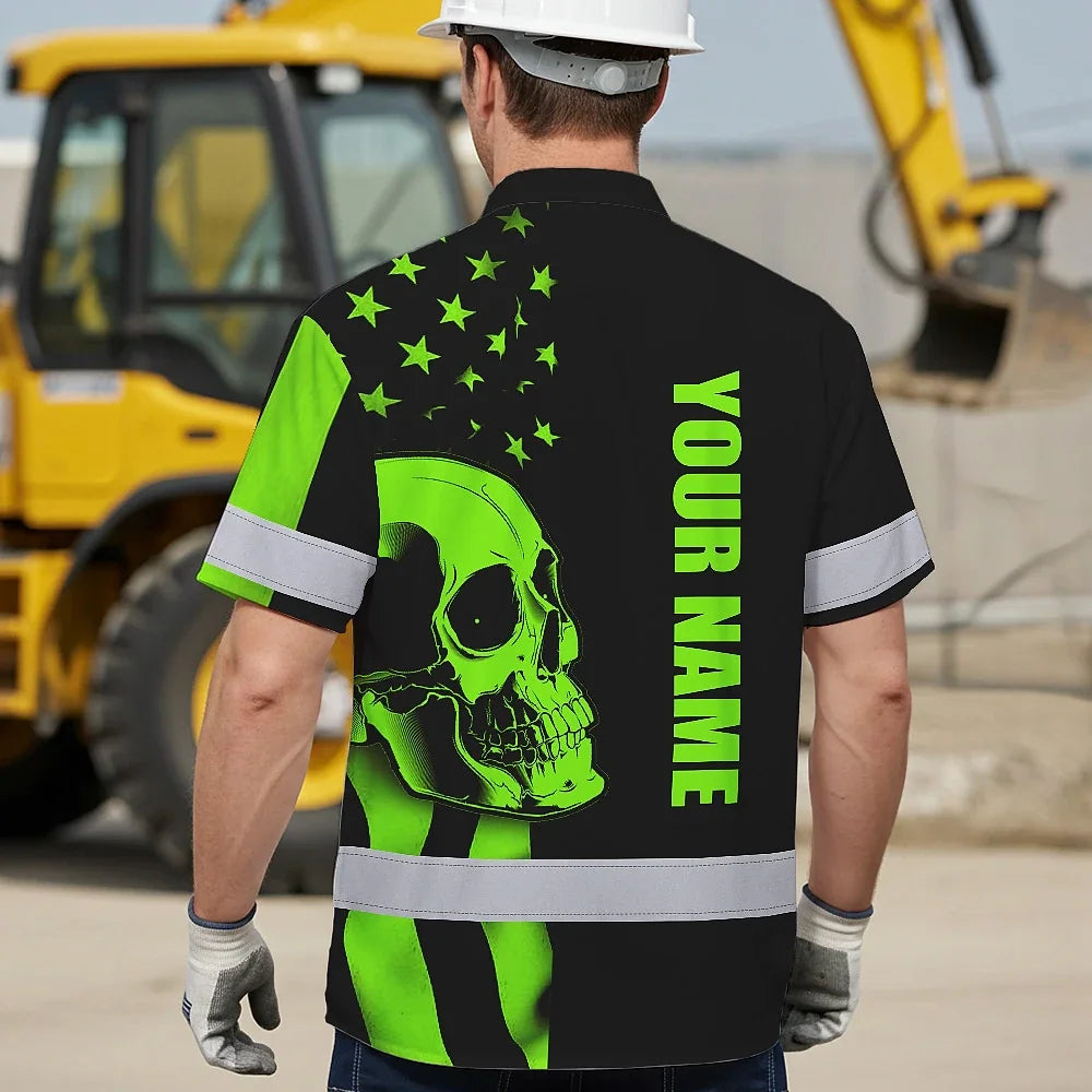 Hi Vis Hawaiian Shirt Skull USA Flag Orange Reflective High Visibility Custom Name Safety Workwear 53