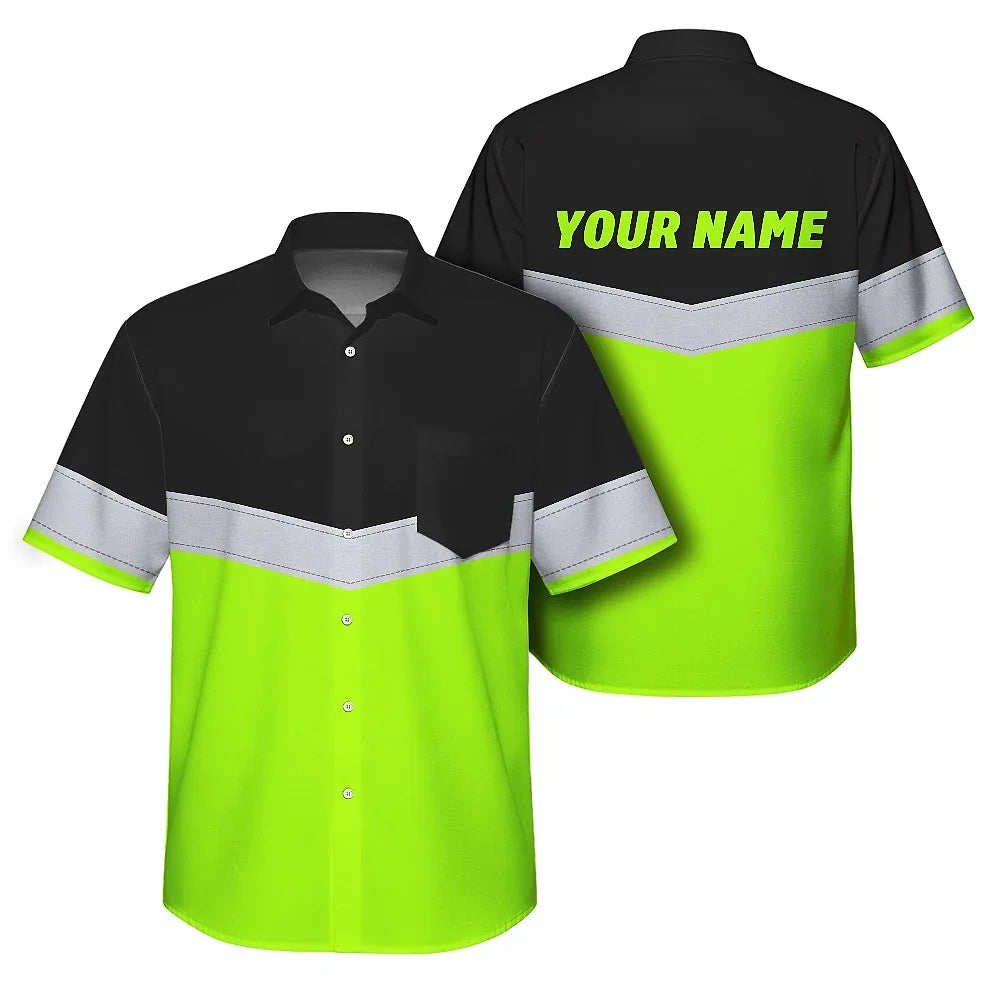 Hi Vis Hawaiian Shirt Uniform Reflective Black Green Custom Name And Logo