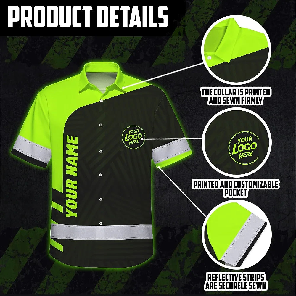 Hi Vis Hawaiian Shirt Uniform Reflective Black Green Neon 2 Custom Name And Logo