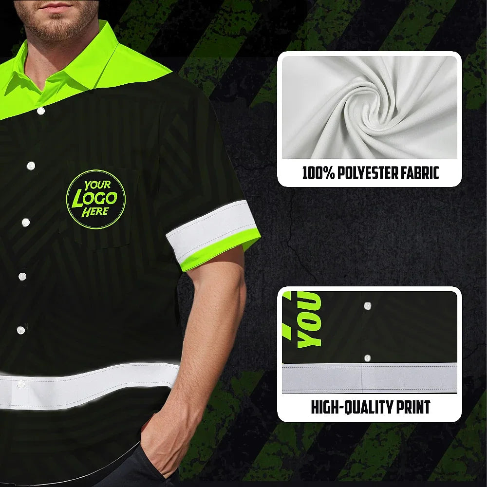 Hi Vis Hawaiian Shirt Uniform Reflective Black Green Neon 2 Custom Name And Logo