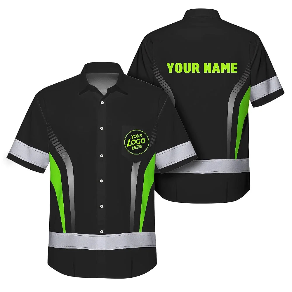 Hi Vis Hawaiian Shirt Uniform Reflective Black Green Neon 2 Custom Name And Logo
