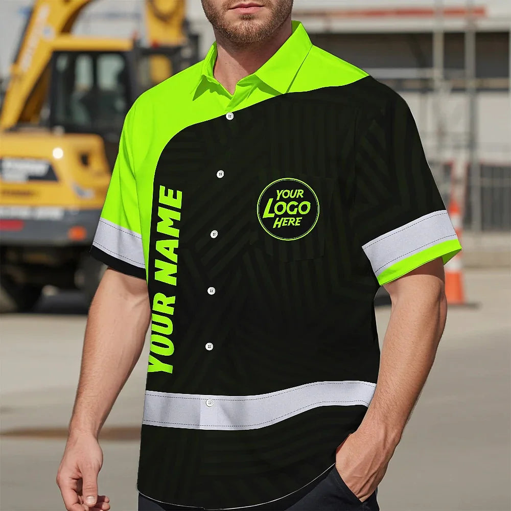 Hi Vis Hawaiian Shirt Uniform Reflective Black Green Neon 2 Custom Name And Logo