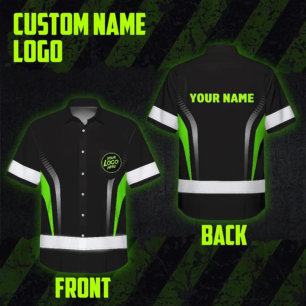 Hi Vis Hawaiian Shirt Uniform Reflective Black Green Neon 2 Custom Name And Logo