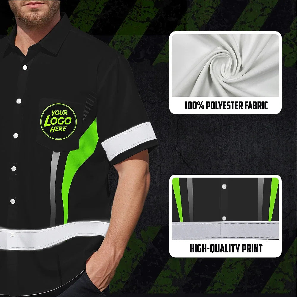 Hi Vis Hawaiian Shirt Uniform Reflective Black Green Neon 2 Custom Name And Logo