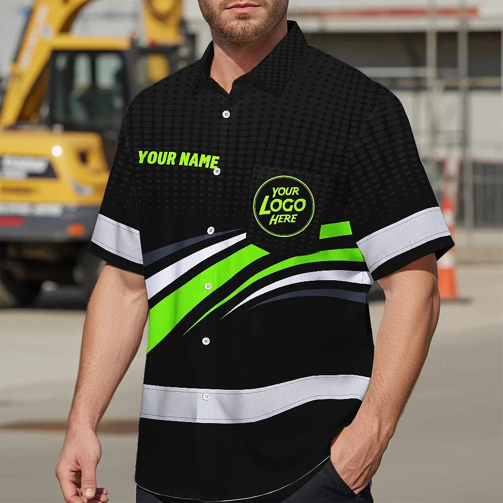 Hi Vis Hawaiian Shirt Uniform Reflective Black Green Neon Color Custom Name And Logo