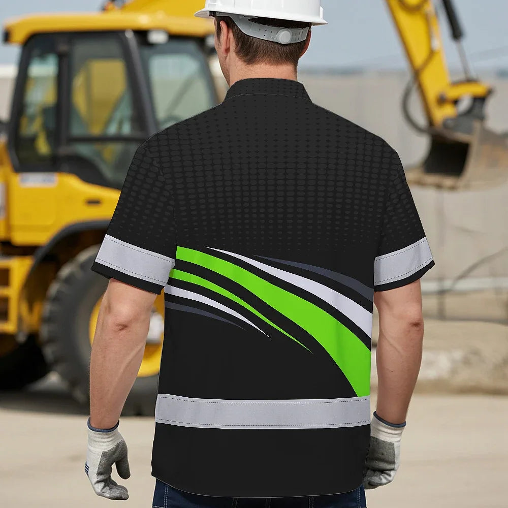 Hi Vis Hawaiian Shirt Uniform Reflective Black Green Neon Color Custom Name And Logo