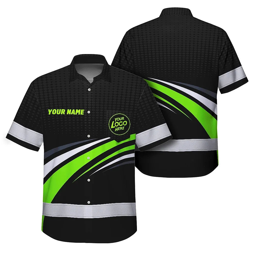 Hi Vis Hawaiian Shirt Uniform Reflective Black Green Neon Color Custom Name And Logo