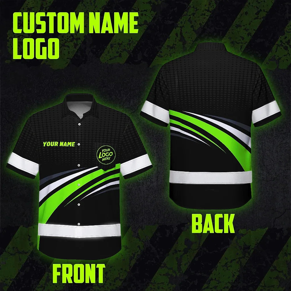 Hi Vis Hawaiian Shirt Uniform Reflective Black Green Neon Color Custom Name And Logo