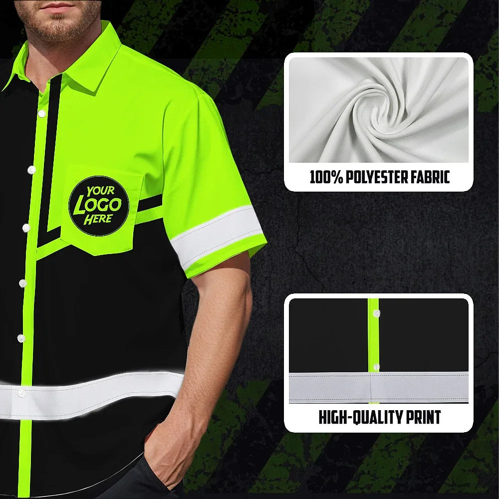 Hi Vis Hawaiian Shirt Uniform Reflective Black Green Neon Custom Name And Logo