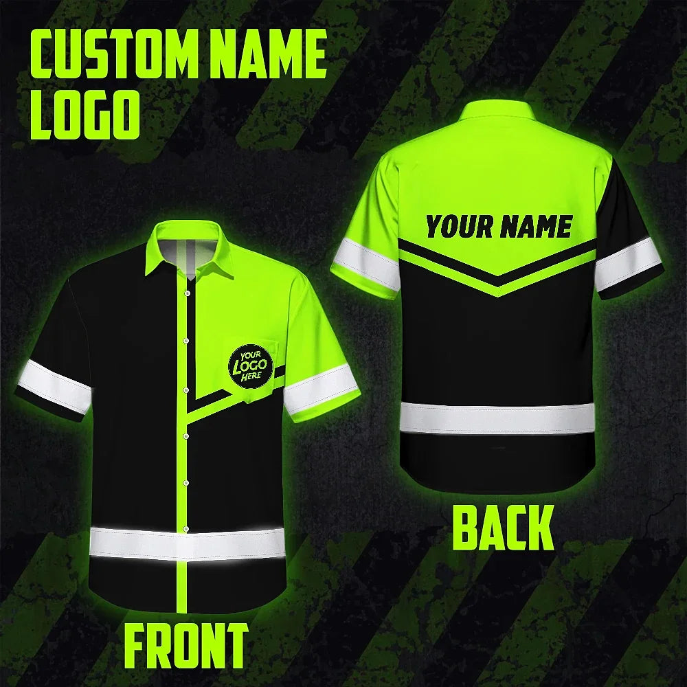 Hi Vis Hawaiian Shirt Uniform Reflective Black Green Neon Custom Name And Logo