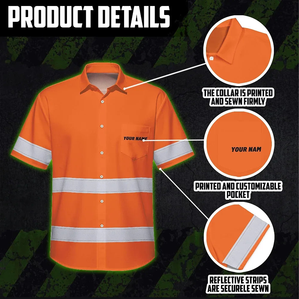 Hi Vis Hawaiian Shirt Uniform Reflective Black Orange Custom Name And Logo