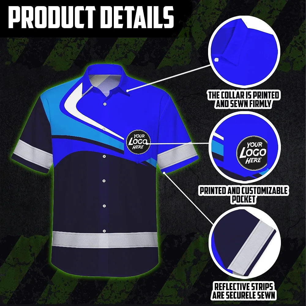 Hi Vis Hawaiian Shirt Uniform Reflective Blue Neon Custom Name And Logo Safety