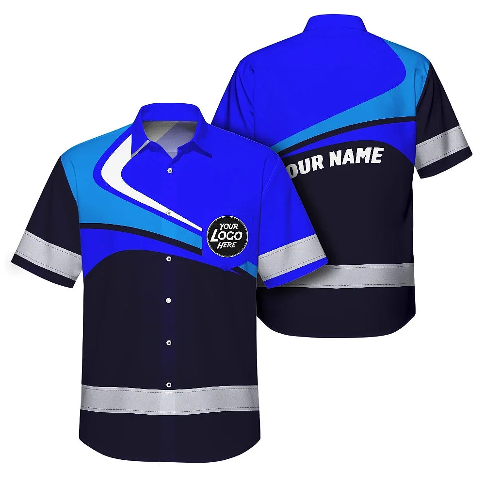Hi Vis Hawaiian Shirt Uniform Reflective Blue Neon Custom Name And Logo Safety