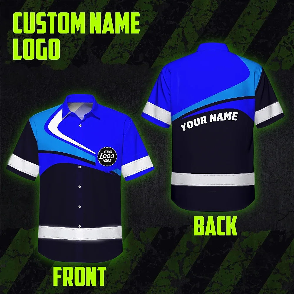 Hi Vis Hawaiian Shirt Uniform Reflective Blue Neon Custom Name And Logo Safety