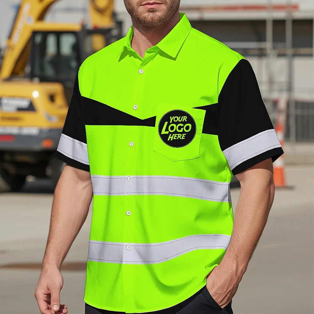 Hi Vis Hawaiian Shirt Uniform Reflective Dark Green Neon Custom Name And Logo