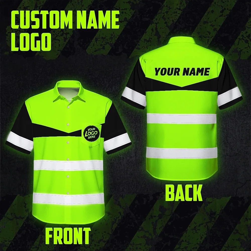 Hi Vis Hawaiian Shirt Uniform Reflective Dark Green Neon Custom Name And Logo
