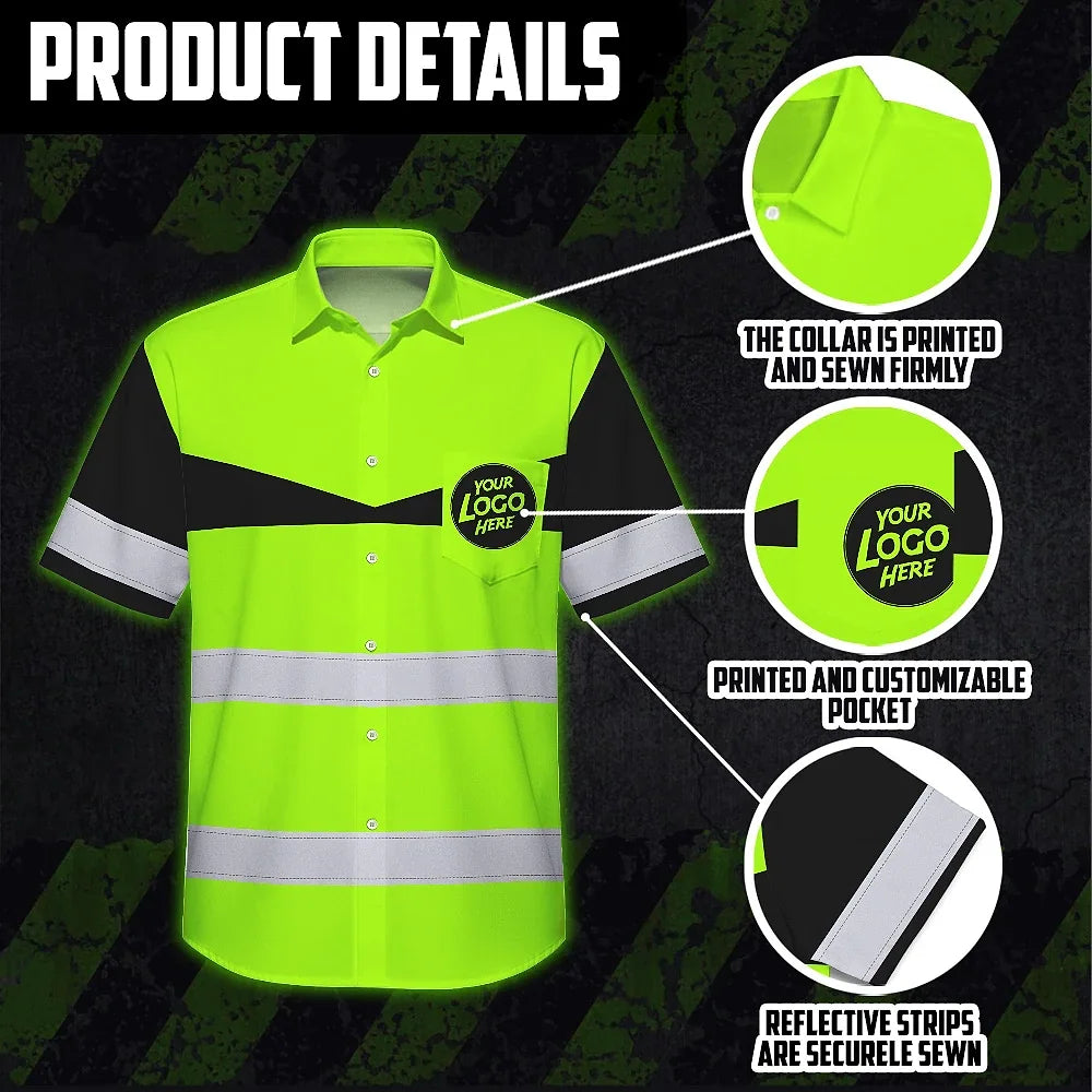 Hi Vis Hawaiian Shirt Uniform Reflective Dark Green Neon Custom Name And Logo