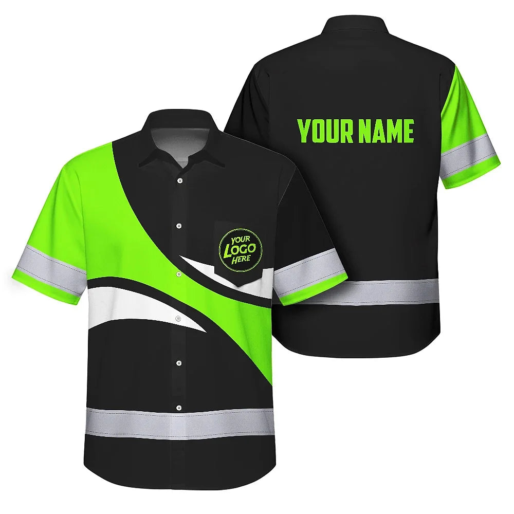 Hi Vis Hawaiian Shirt Uniform Reflective Green Wave Custom Name And Logo