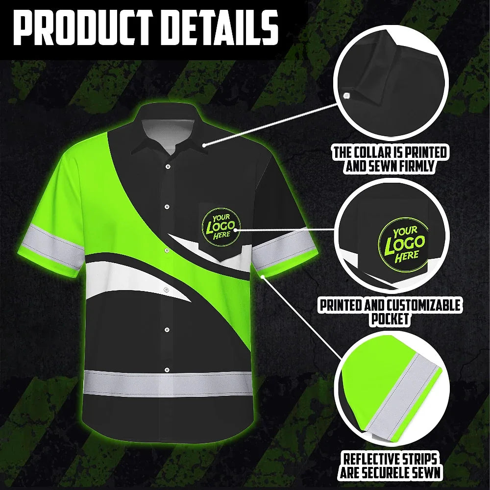 Hi Vis Hawaiian Shirt Uniform Reflective Green Wave Custom Name And Logo