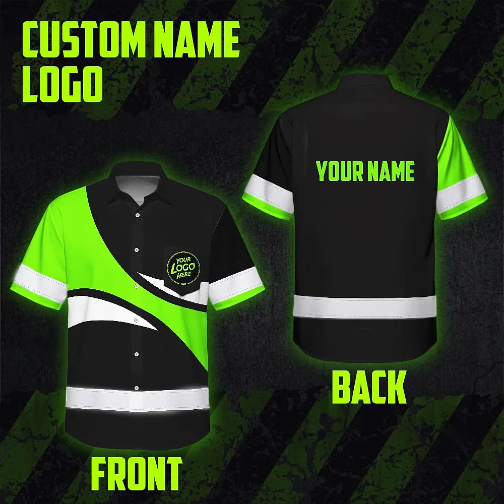 Hi Vis Hawaiian Shirt Uniform Reflective Green Wave Custom Name And Logo