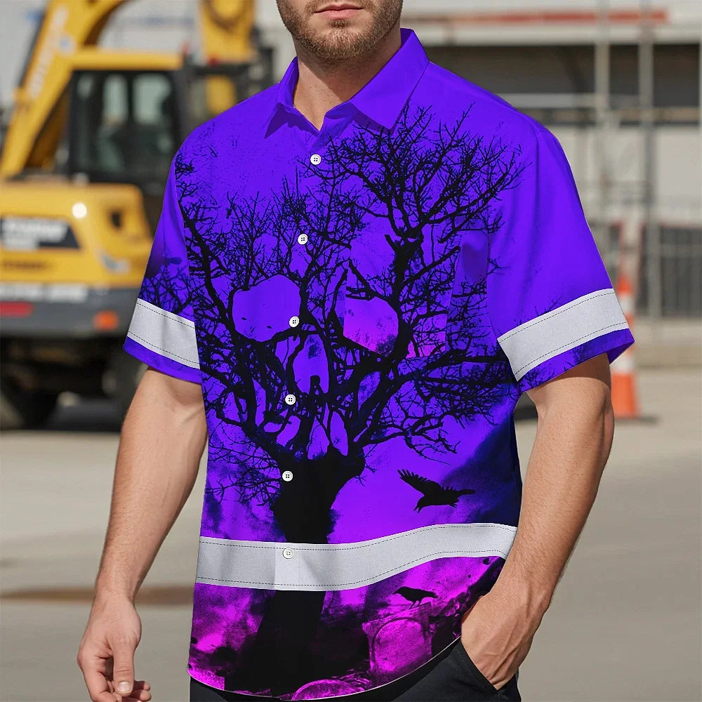 Hi Vis Hawaiian Shirt With Violet Neon Forest Skull And Custom Name For Safety Workwear